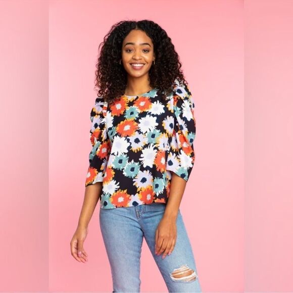 CROSBY By Mollie Burch Lurie Floral Puff Sleeve Crepe De Chine Blouse size XS - Picture 1 of 9